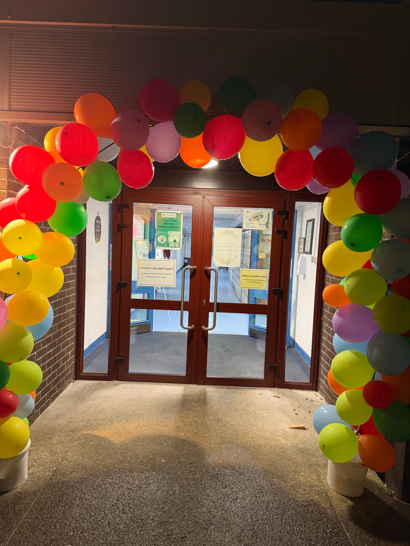 The balloon arch over the lit entrance doors of Boherbue Comprehensive School on open night